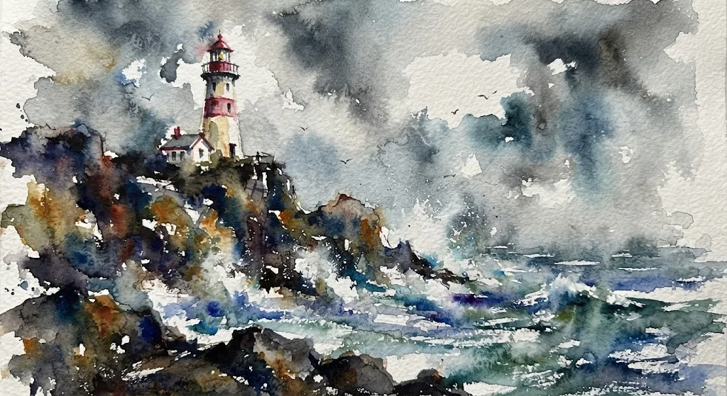 A loose watercolour by Nano Banana of a red and white lighthouse on a dark rocky cliff above a stormy sea, with blooming washes and paper texture