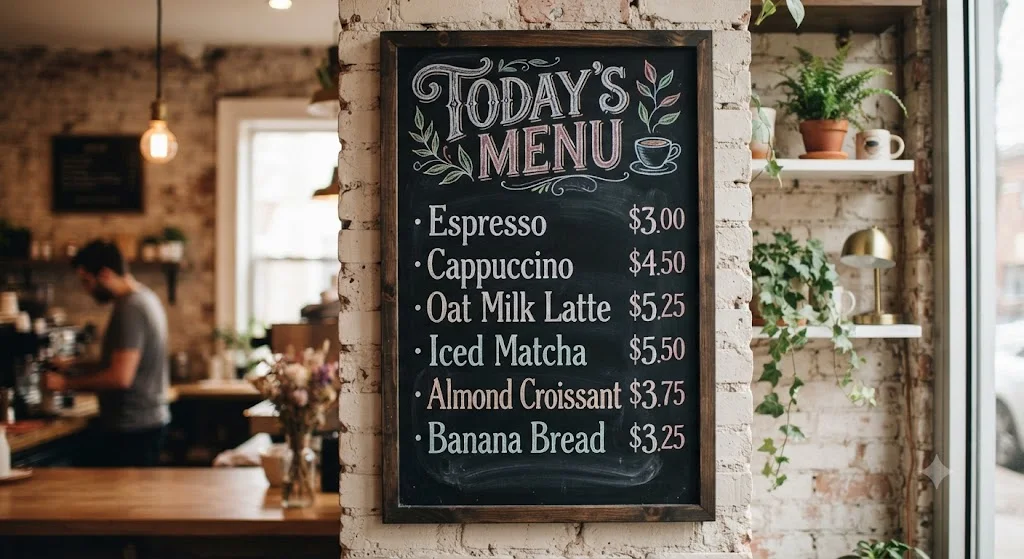 A café chalkboard menu generated by Nano Banana titled Today's Menu, listing Espresso $3.00, Cappuccino $4.50, Oat Milk Latte $5.25, Iced Matcha $5.50, Almond Croissant $3.75 and Banana Bread $3.25, with no other text