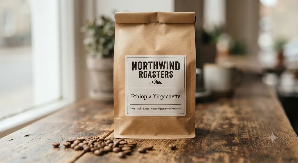 A kraft coffee bag by Nano Banana with a white label reading Northwind Roasters, Ethiopia Yirgacheffe, and 250g · Light Roast · Notes of jasmine & bergamot, on a wooden table with scattered beans