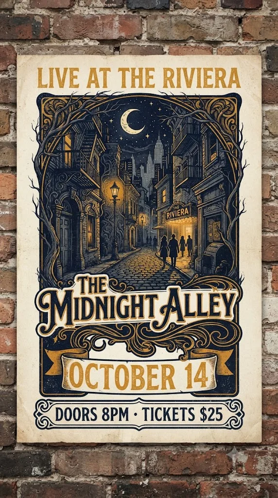 A vintage navy and amber concert poster by Nano Banana reading Live at the Riviera, The Midnight Alley, October 14, Doors 8PM · Tickets $25, pinned to a brick wall