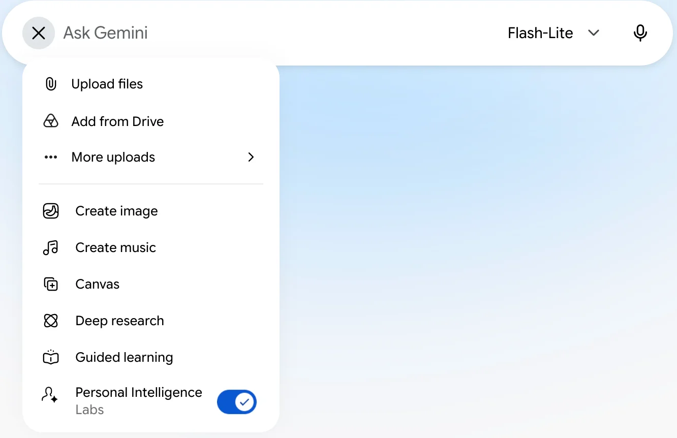 The free Gemini app's tools menu: upload files, add from Drive, create image, create music, Canvas, deep research and guided learning, with no option to create a video