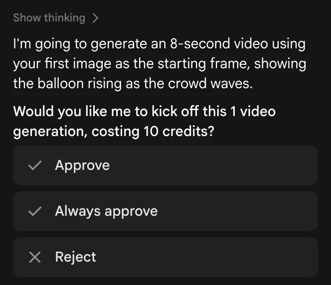 Google Flow's agent confirming it will generate an 8-second video using the first image as the starting frame, with an approval card costing 10 credits