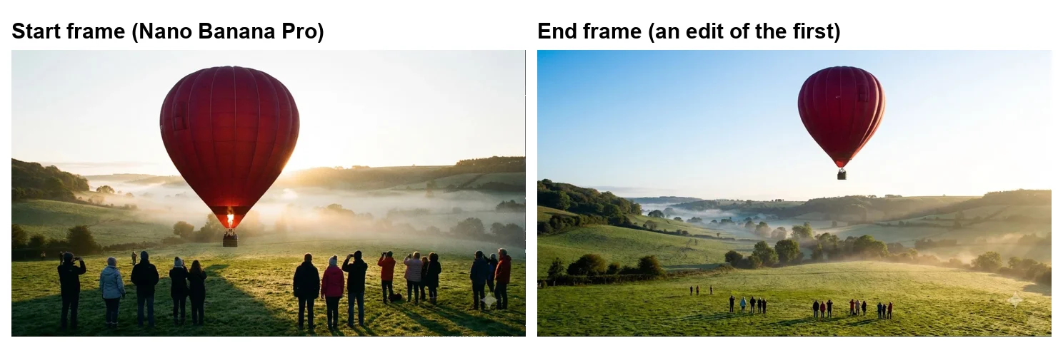The two Nano Banana Pro images used for the test: a red balloon lifting off with a crowd watching at sunrise, and the same balloon high above the misty valley with the crowd small below