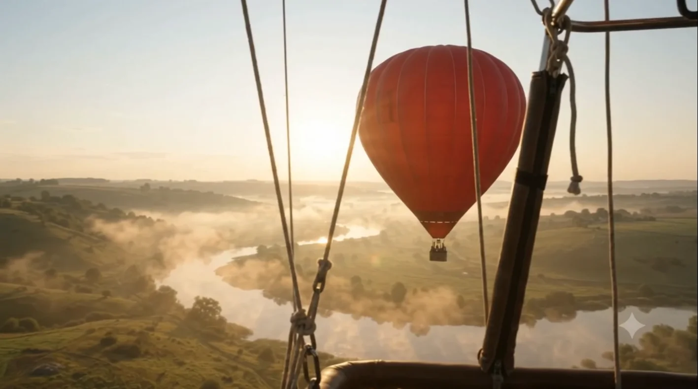 A frame from the reference clip: the same dark-red balloon floating above a misty river at golden hour, seen from inside another balloon's basket with ropes in the foreground