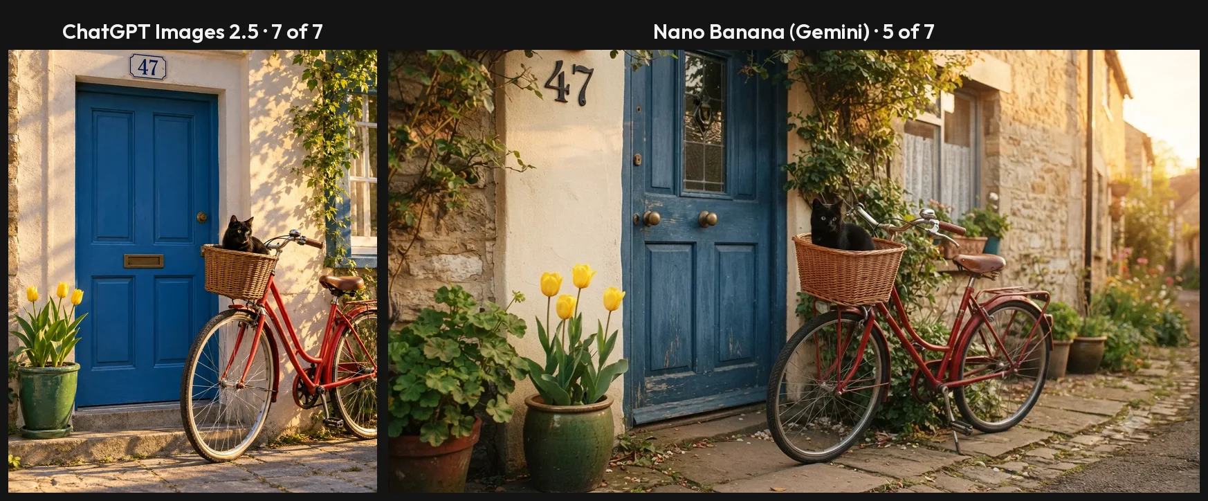 Side by side of the same seven-part prompt: ChatGPT placed all seven elements; Nano Banana drew four tulips and put 47 beside the door