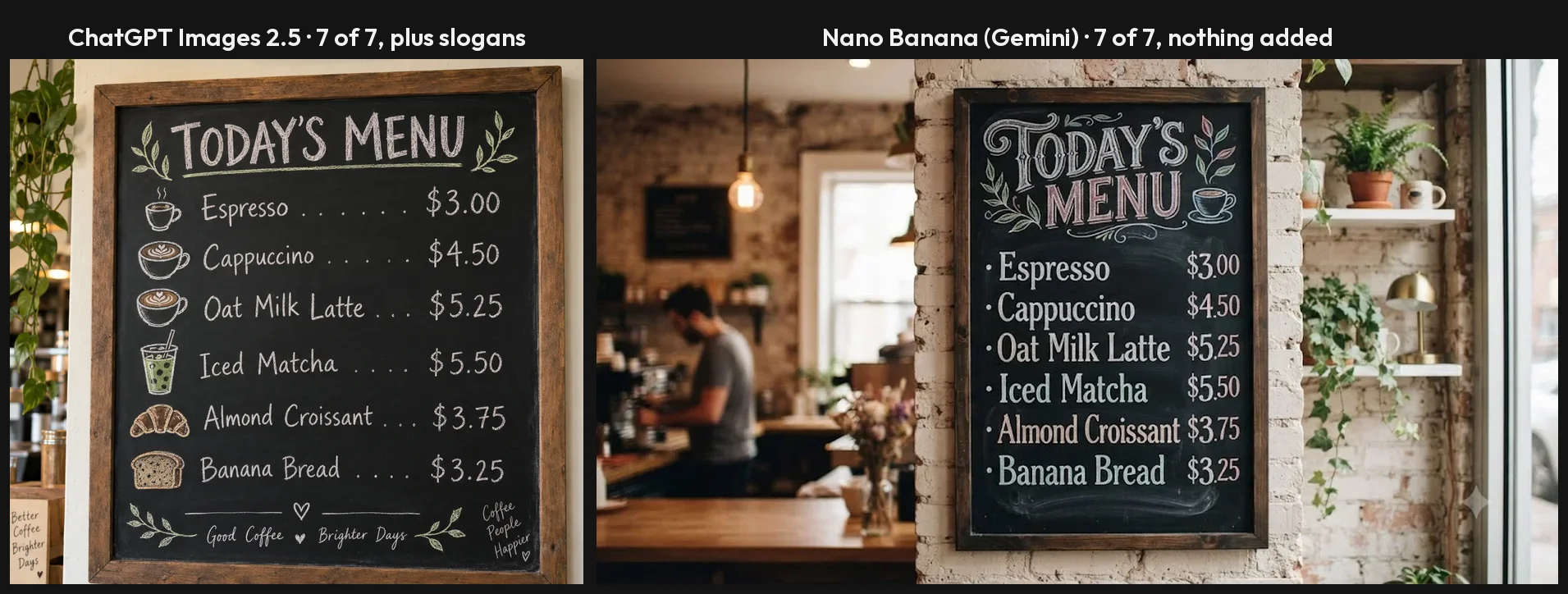 Side by side of the café menu prompt: ChatGPT spelled all seven lines but added two slogans and a sign; Nano Banana spelled all seven lines and added nothing