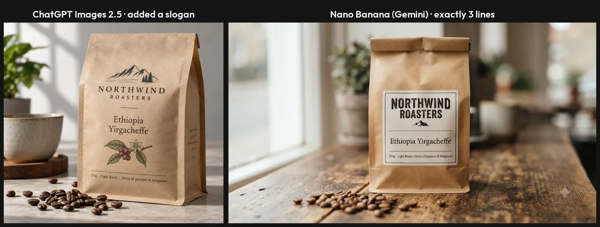 Side by side of the coffee-bag label prompt: ChatGPT added a Better Coffee Brighter Days slogan on the side panel; Nano Banana printed exactly the three requested lines