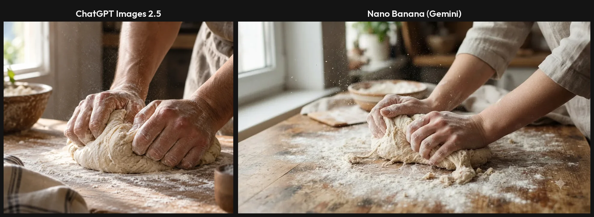 Side by side of the hands kneading dough prompt: both ChatGPT and Nano Banana drew anatomically correct floured hands in window light