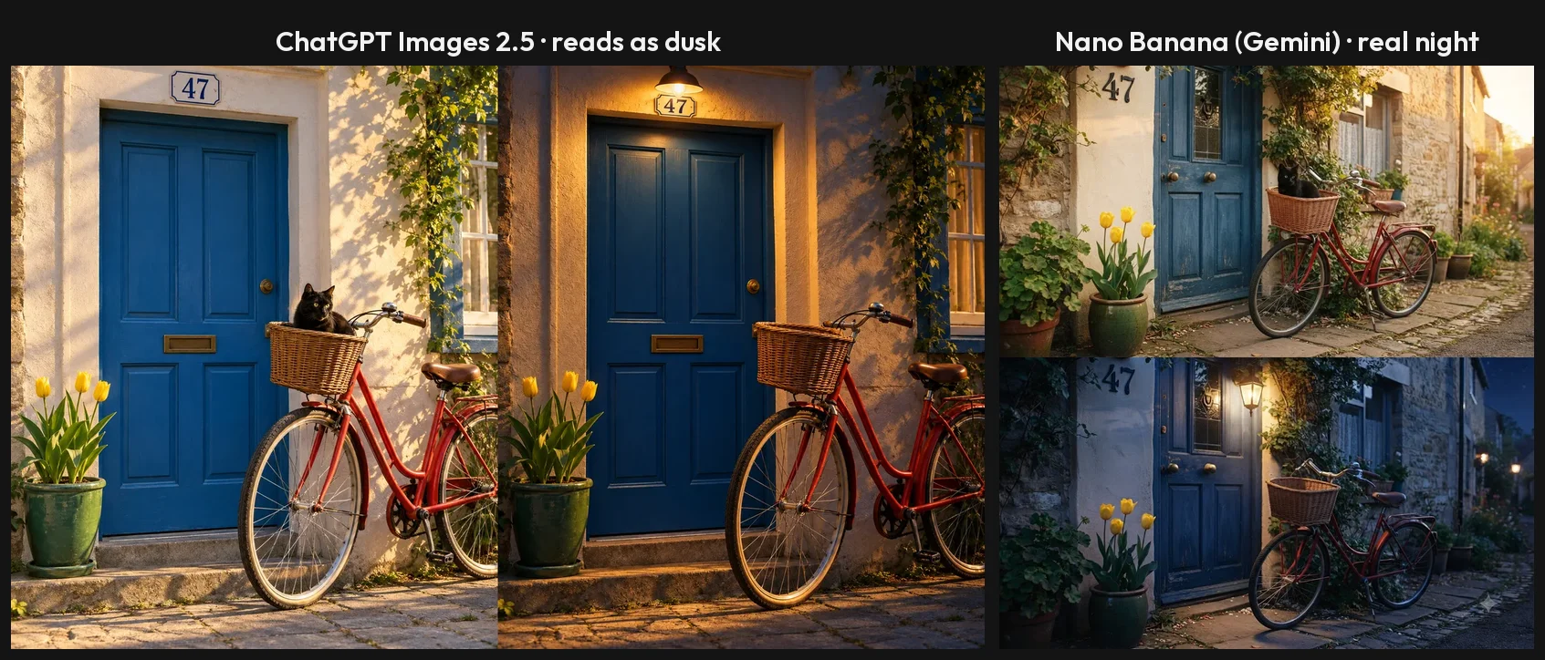 Side by side of the night edit on the same prompt: ChatGPT's before and after reads as dusk; Nano Banana's before and after is a real night with a lit lantern and the cat removed