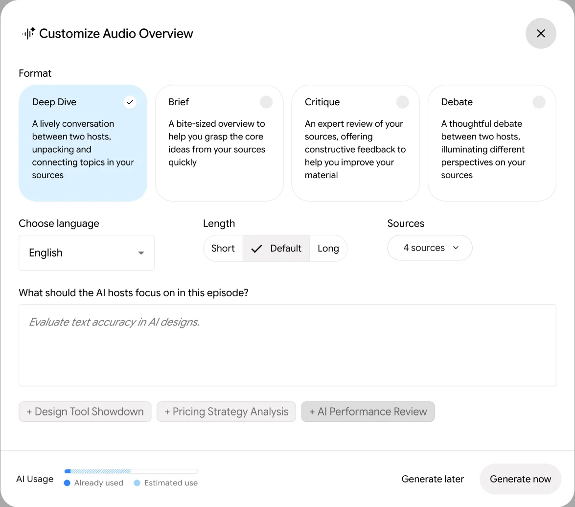 The Customize Audio Overview dialog in Gemini Notebook with four formats, Deep Dive, Brief, Critique and Debate, plus language, length, sources, a focus prompt and an AI Usage bar showing already used and estimated use before generating