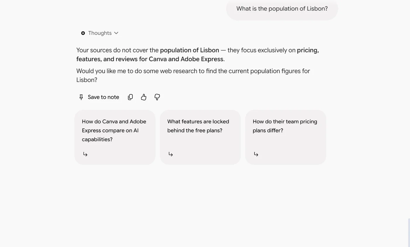 Gemini Notebook declining to answer a question about the population of Lisbon because the four sources do not cover it, and offering to do web research instead