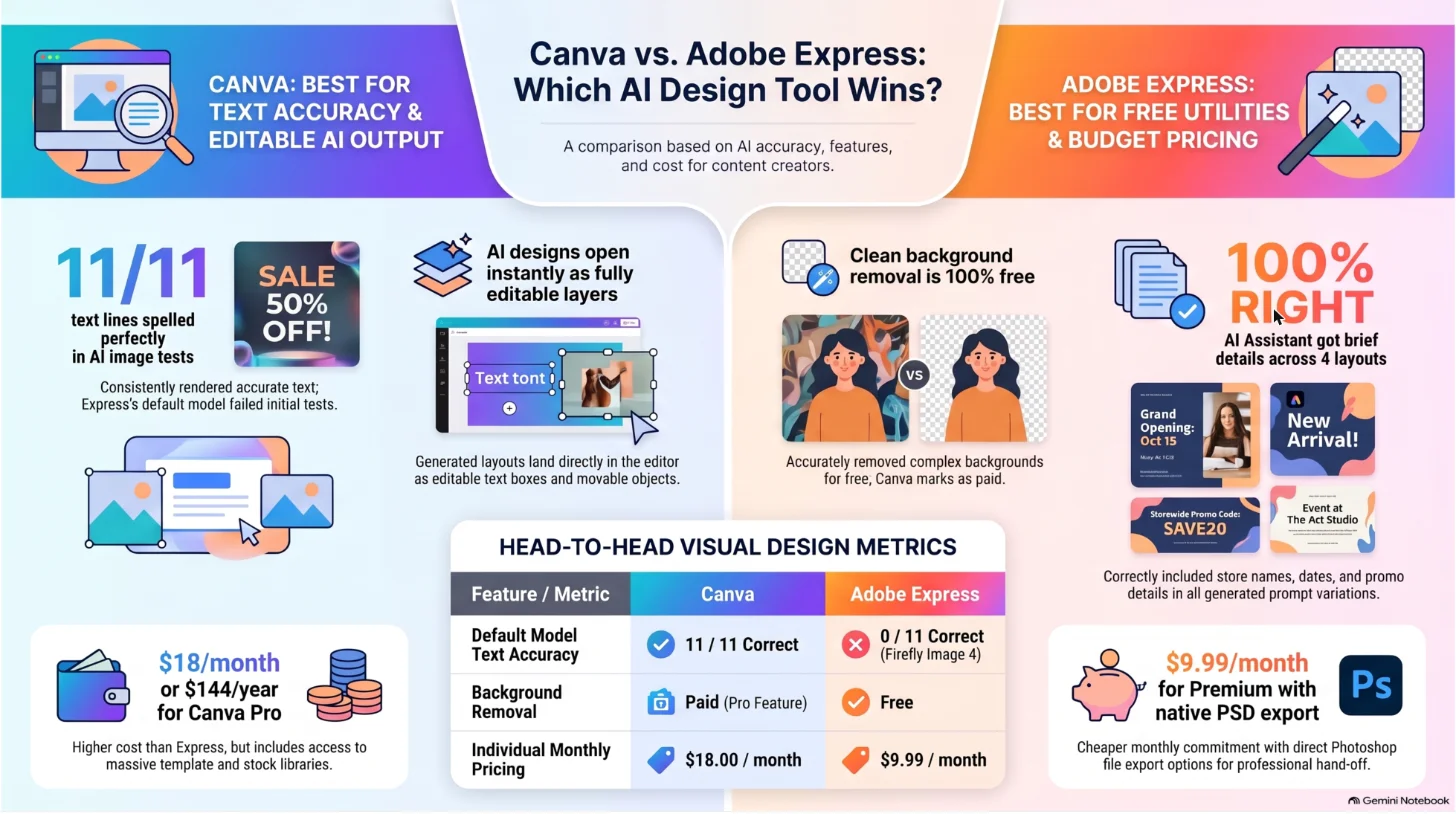 A Gemini Notebook infographic comparing Canva and Adobe Express, with correct headline figures such as 11 of 11 text lines and $9.99 a month, alongside decorative mock-ups containing invented text such as a SAVE20 promo code and a Grand Opening Oct 15 poster