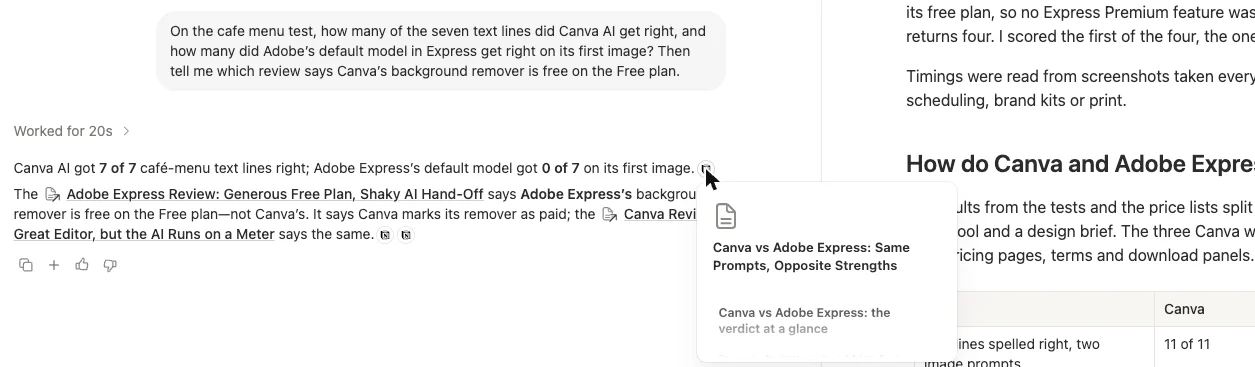 Notion AI's café-menu answer with its hover card open: the card gives a page title and a section title, and no passage is highlighted