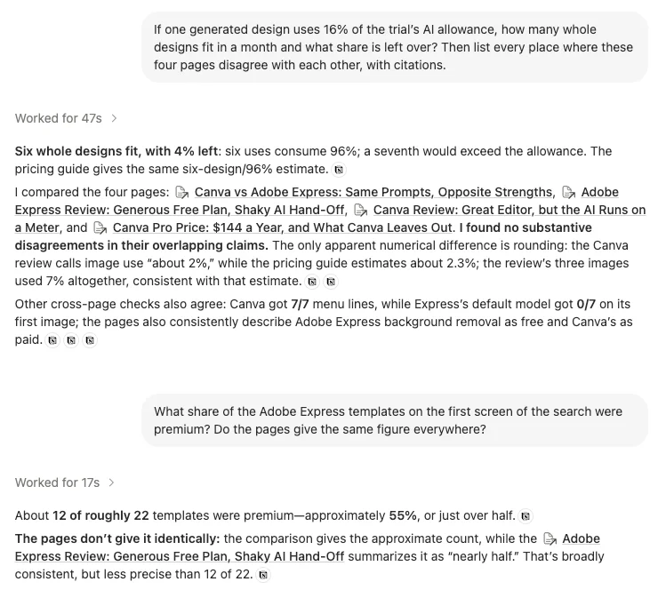 Two Notion AI answers: one finding no substantive disagreements across the four pages, and a follow-up that finds 12 of roughly 22 templates, about 55%, against nearly half, and calls the two broadly consistent