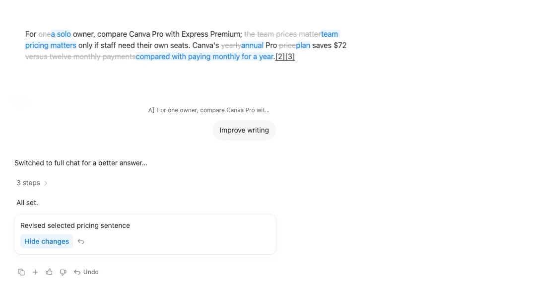 Notion AI's Improve writing result shown as tracked changes in the page, with old words struck through and new words in blue, and the side chat card reading Revised selected pricing sentence with a Hide changes button and Undo