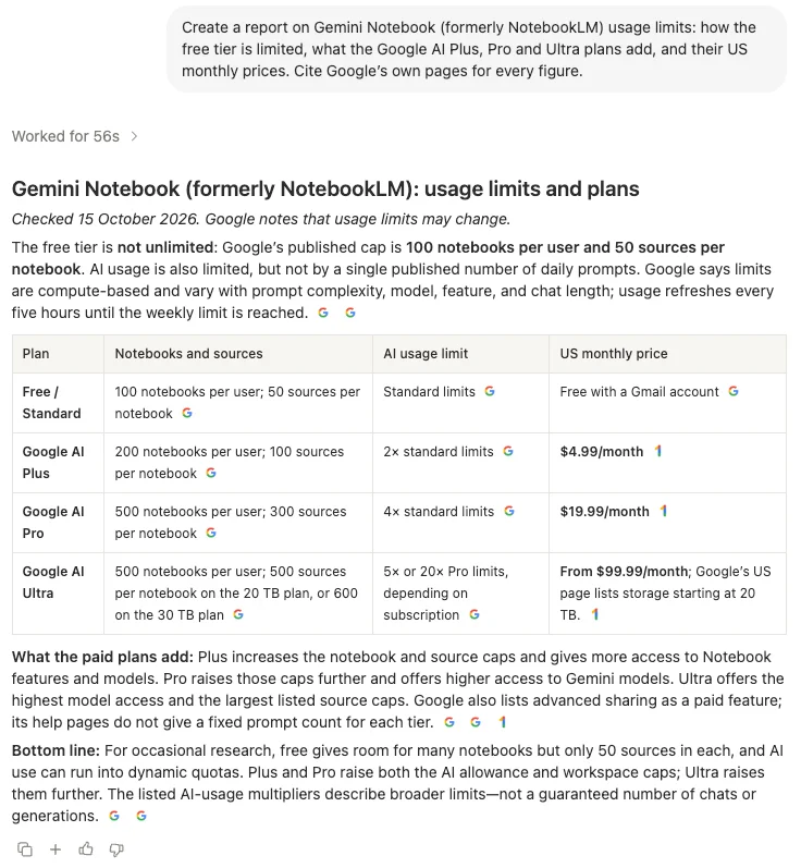 A Notion AI research report titled Gemini Notebook usage limits and plans, with a table of notebooks, sources per notebook, usage limits and US monthly prices for the free tier, Google AI Plus, Pro and Ultra, each figure followed by a Google citation