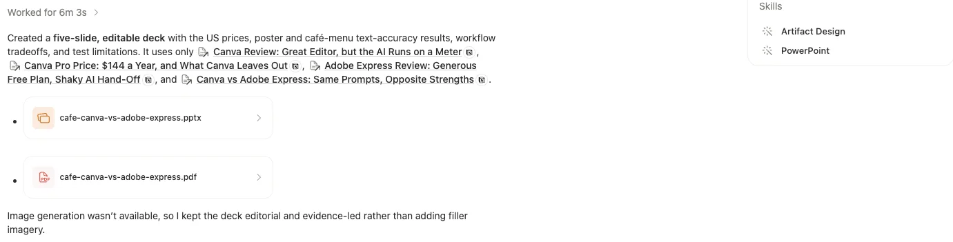 The Notion AI slide deck reply: a note that it created a five-slide, editable deck from the four review pages, cards for a PPTX file and a PDF file, and the line Image generation wasn't available, so I kept the deck editorial