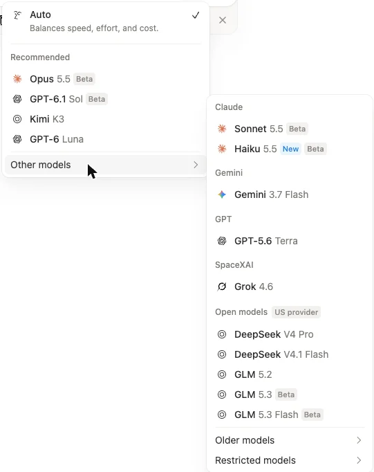 A long model menu in Notion AI: Auto selected at the top, four recommended models, and an Other models list grouped by provider, from Claude, Gemini, GPT and Grok to open models from DeepSeek and GLM