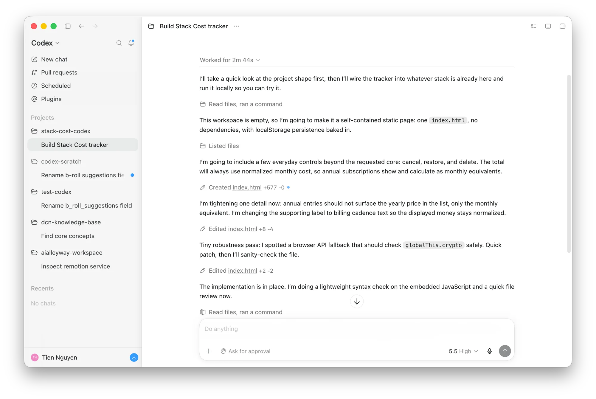Codex stating it is running a lightweight syntax check on the embedded JavaScript and a quick file review, after two rounds of unprompted self-revision