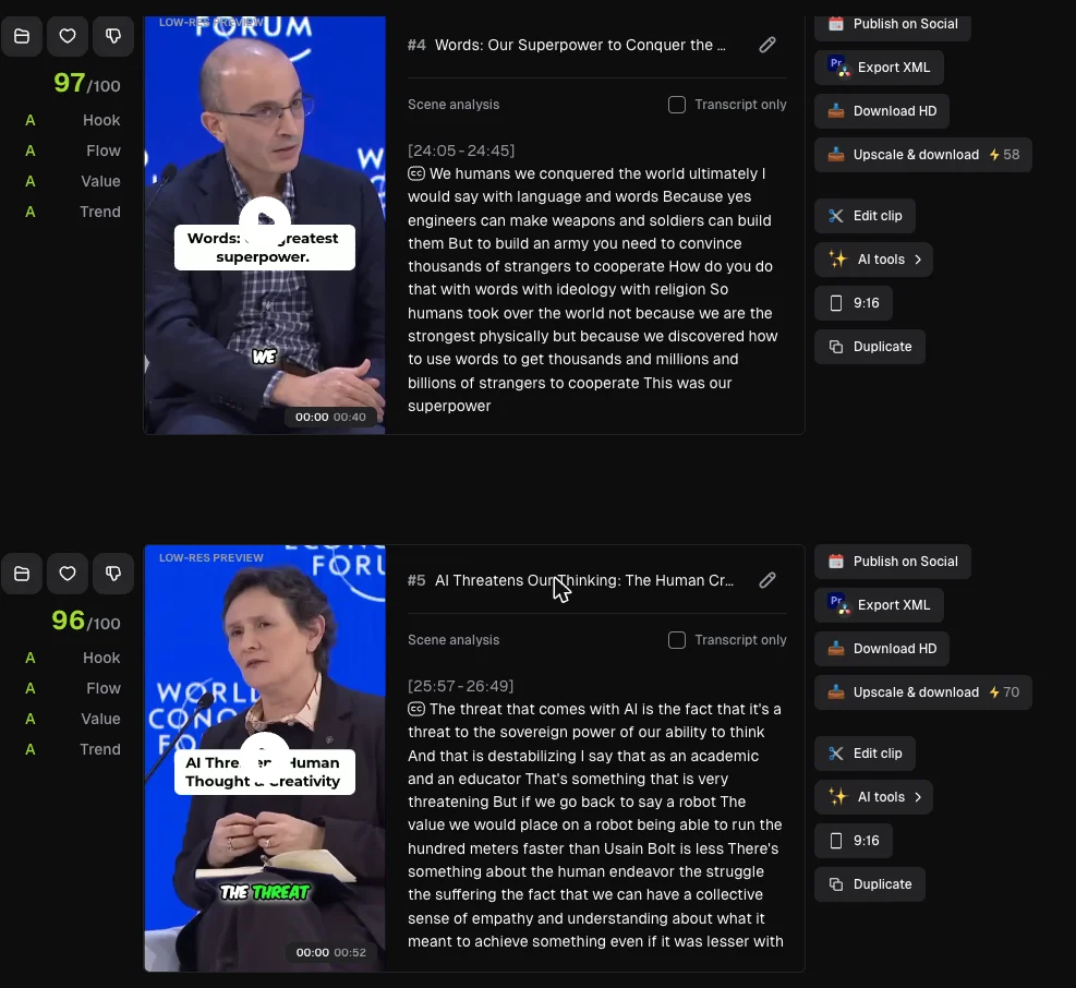 Two OpusClip clips in list view. One scores 97 out of 100, the other 96, and both carry an A on all four axes — Hook, Flow, Value and Trend. Each shows its source timestamp, a transcript of the segment, a preview marked LOW-RES PREVIEW, and an Upscale and download button priced at 58 credits for one clip and 70 for the other