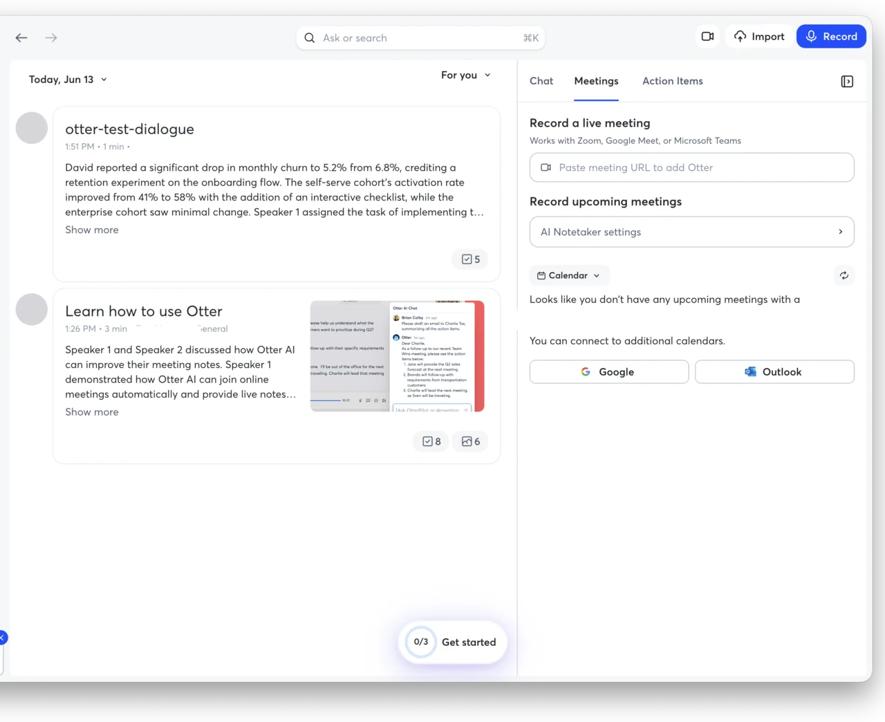 The Otter.ai home dashboard: a list of meeting conversations with their AI summaries, beside the panel to record or auto-join a meeting