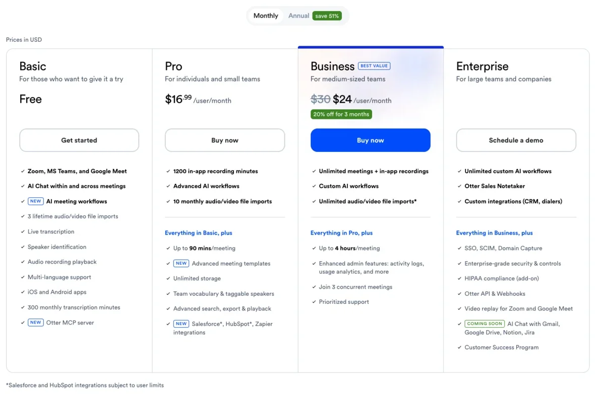 Otter.ai's four pricing plans on the live pricing page: Basic free, Pro, Business, and Enterprise