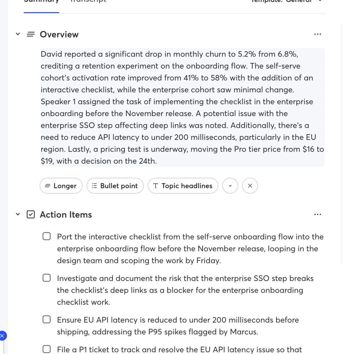 Otter's Summary tab: the AI Overview paragraph and the auto-generated Action Items checklist