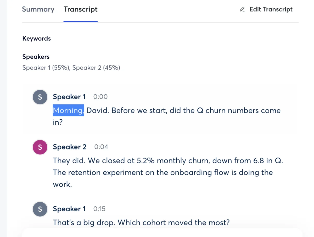 Otter transcript view with Speaker 1 and Speaker 2 labels and the 55% / 45% speaker split