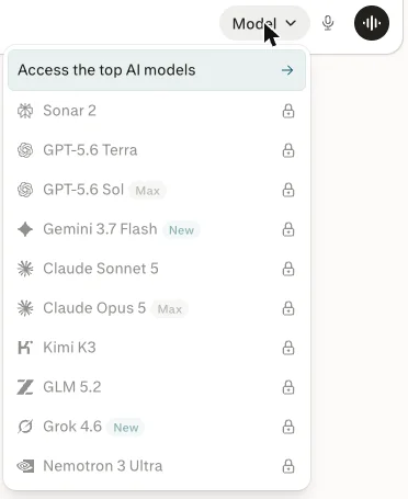 Perplexity's model picker on the free tier, listing Sonar 2, GPT-5.6 Terra, GPT-5.6 Sol, Gemini 3.7 Flash, Claude Sonnet 5, Claude Opus 5, Kimi K3, GLM 5.2, Grok 4.6 and Nemotron 3 Ultra, with a padlock beside every one