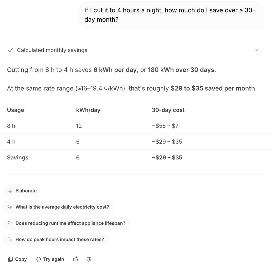 Ask Brave's follow-up answer: cutting from 8 to 4 hours saves 180 kWh over 30 days, roughly $29 to $35 at 16 to 19.4 cents per kWh, in a table
