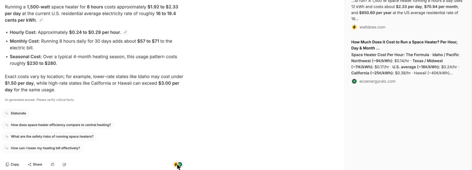 Brave Search's AI answer: $1.92 to $2.33 per day at roughly 16 to 19.4 cents per kWh, with hourly, monthly and seasonal costs, beside a Results panel listing wattdoes.com and ecoenergycalc.com