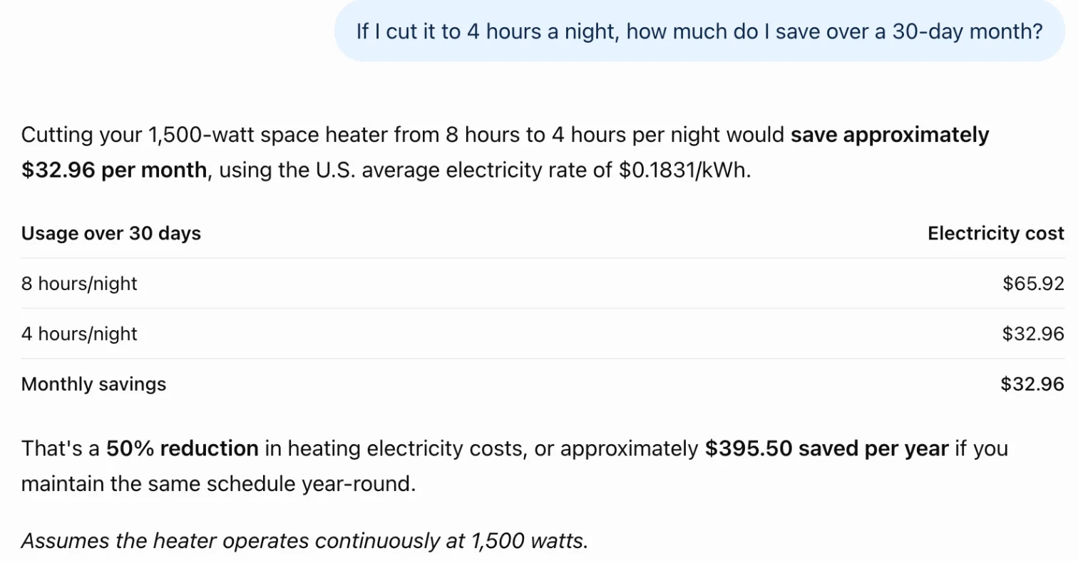 ChatGPT's follow-up answer: cutting to 4 hours a night saves about $32.96 a month at $0.1831 per kWh, with a table of 8-hour and 4-hour costs and a yearly figure of $395.50, without source chips