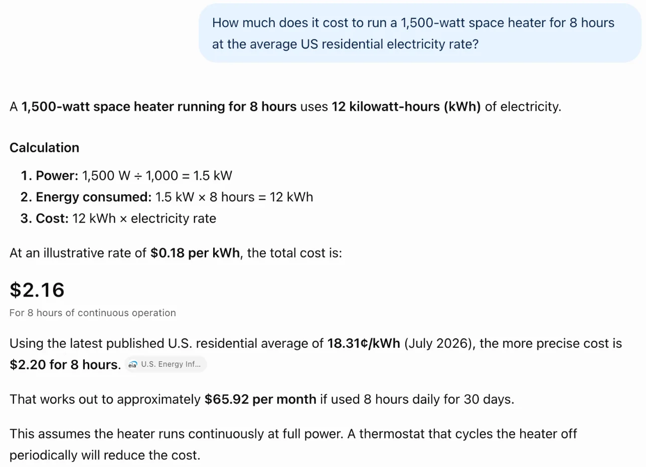 ChatGPT's answer to the space heater question: 12 kWh, $2.16 at an illustrative 18 cents, then $2.20 at the latest US residential average of 18.31 cents per kWh for July 2026, with an EIA chip, and about $65.92 a month