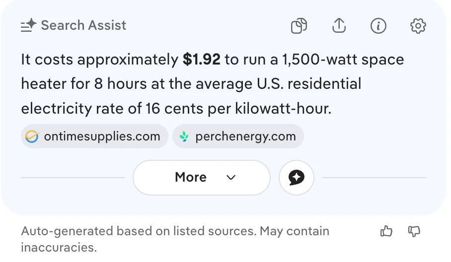DuckDuckGo's Search Assist answer: approximately $1.92 for 8 hours at 16 cents per kilowatt-hour, citing ontimesupplies.com and perchenergy.com