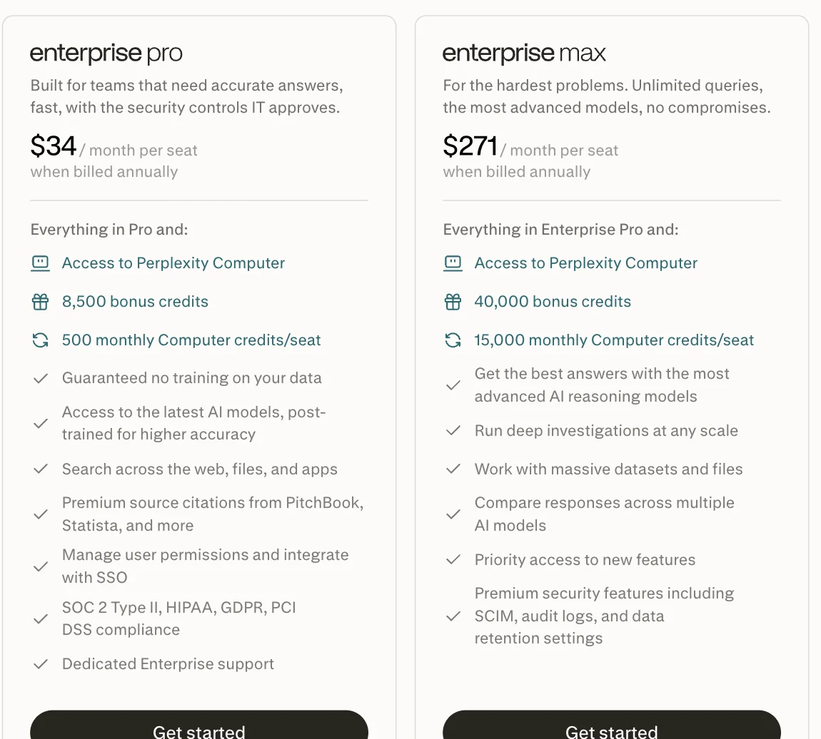Perplexity's Enterprise plans at $34 and $271 per seat per month when billed annually