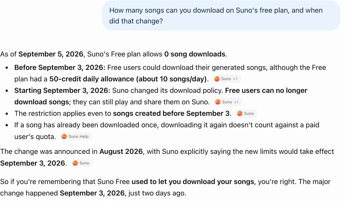 ChatGPT's answer on a free account: Suno's free plan allows zero song downloads and free users can no longer download songs, citing Suno's own pages