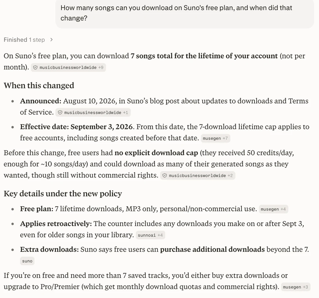 Perplexity's answer on a free account: seven songs total for the lifetime of the account, not per month, announced 10 August, effective 3 September, retroactive, MP3 only and personal use, with a source chip on every claim