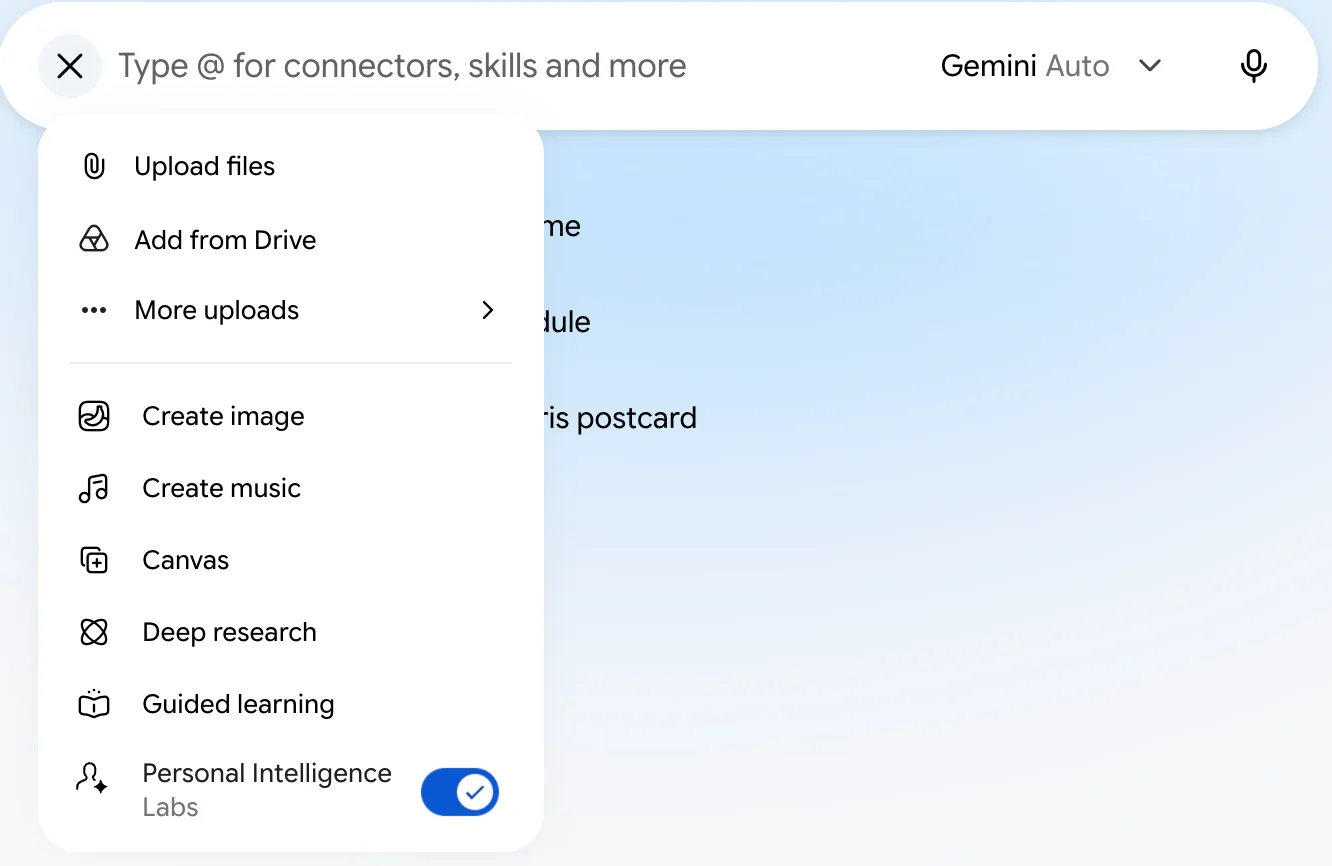Gemini's free + menu listing Upload files, Add from Drive, More uploads, Create image, Create music, Canvas, Deep research, Guided learning and a Personal Intelligence Labs toggle