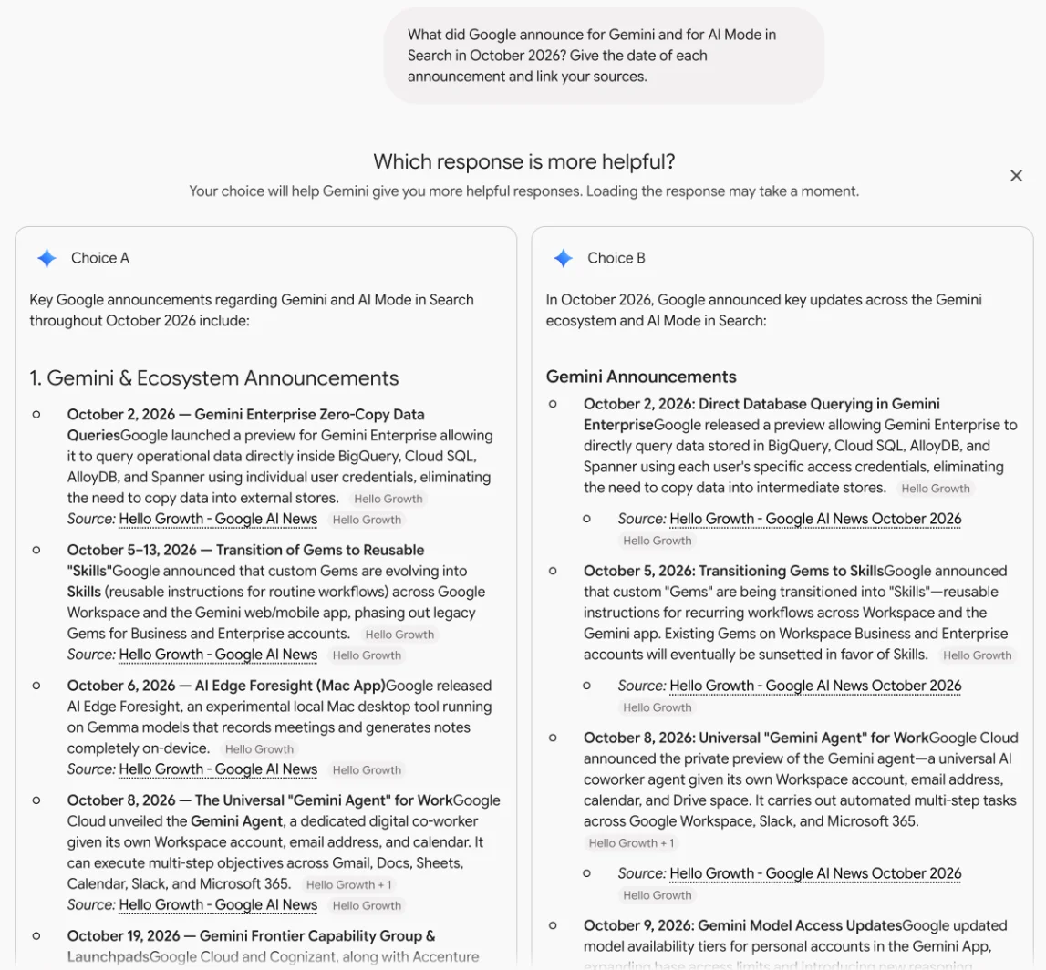 Gemini's two draft answers about October 2026 Google news shown side by side under "Which response is more helpful?", both citing a news aggregator and neither mentioning Gemini 4 Argon