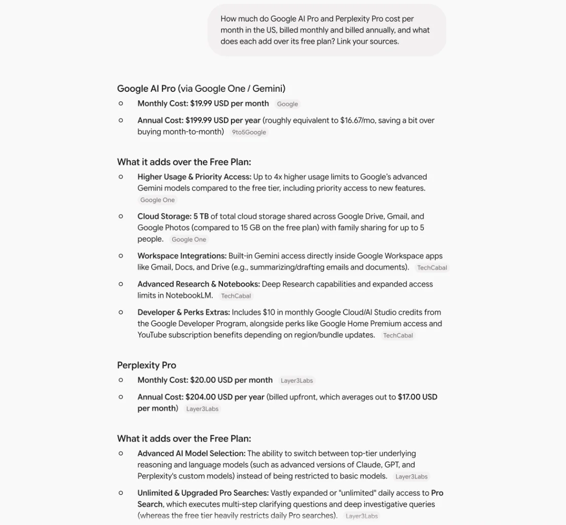 Gemini's answer on Google AI Pro and Perplexity Pro prices, listing $19.99 and $199.99 for Google and $20 and $204 for Perplexity, with chips from Google, 9to5Google and Layer3Labs