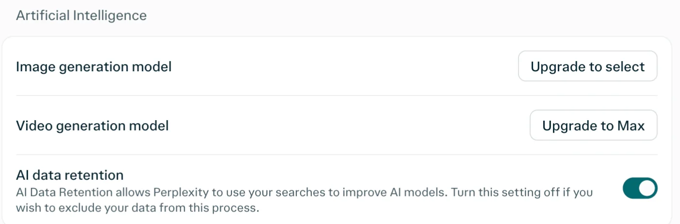 Perplexity's settings showing the AI data retention switch turned on, with the note that it lets Perplexity use your searches to improve AI models, plus image and video model options that require an upgrade