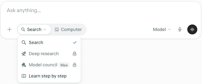Perplexity's free mode menu showing Search selected, Deep research with a padlock, Model council marked Max with a padlock, and Learn step by step