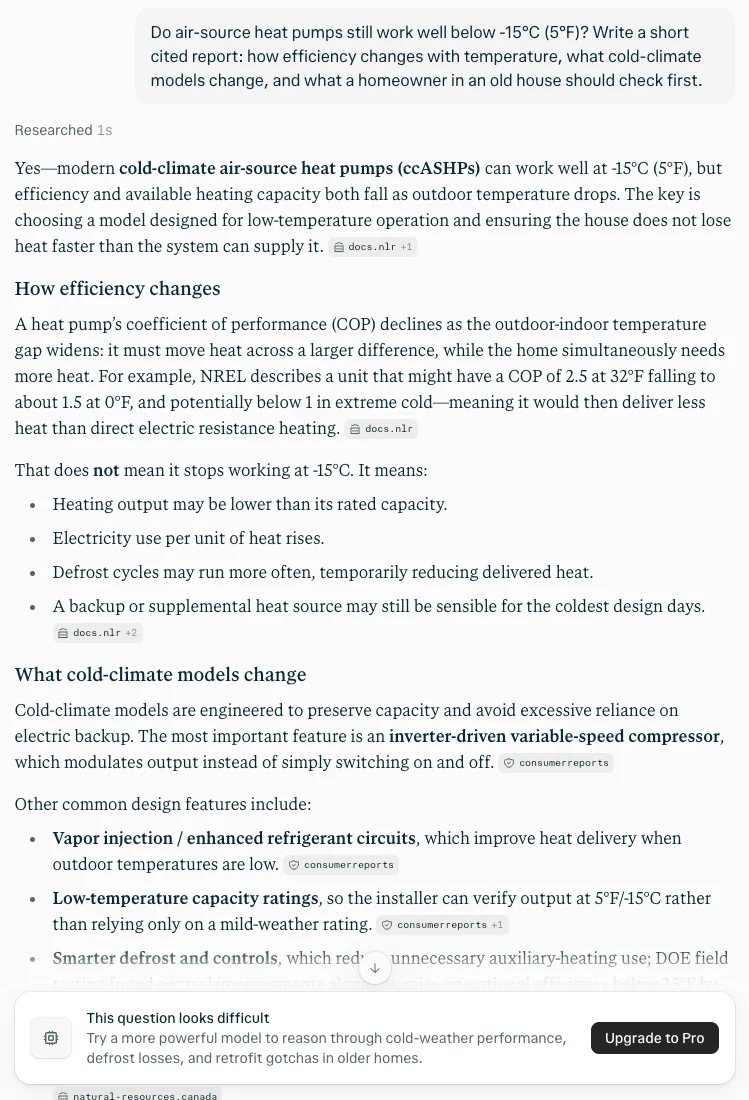 Perplexity's free Search answering a cited heat pump report request, with chips from a national lab PDF, Consumer Reports and Natural Resources Canada