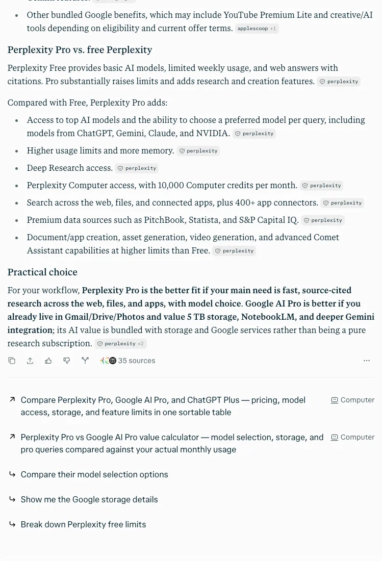 Perplexity's answer on what Perplexity Pro adds over free, listing 10,000 Computer credits per month among the Pro features with a perplexity chip