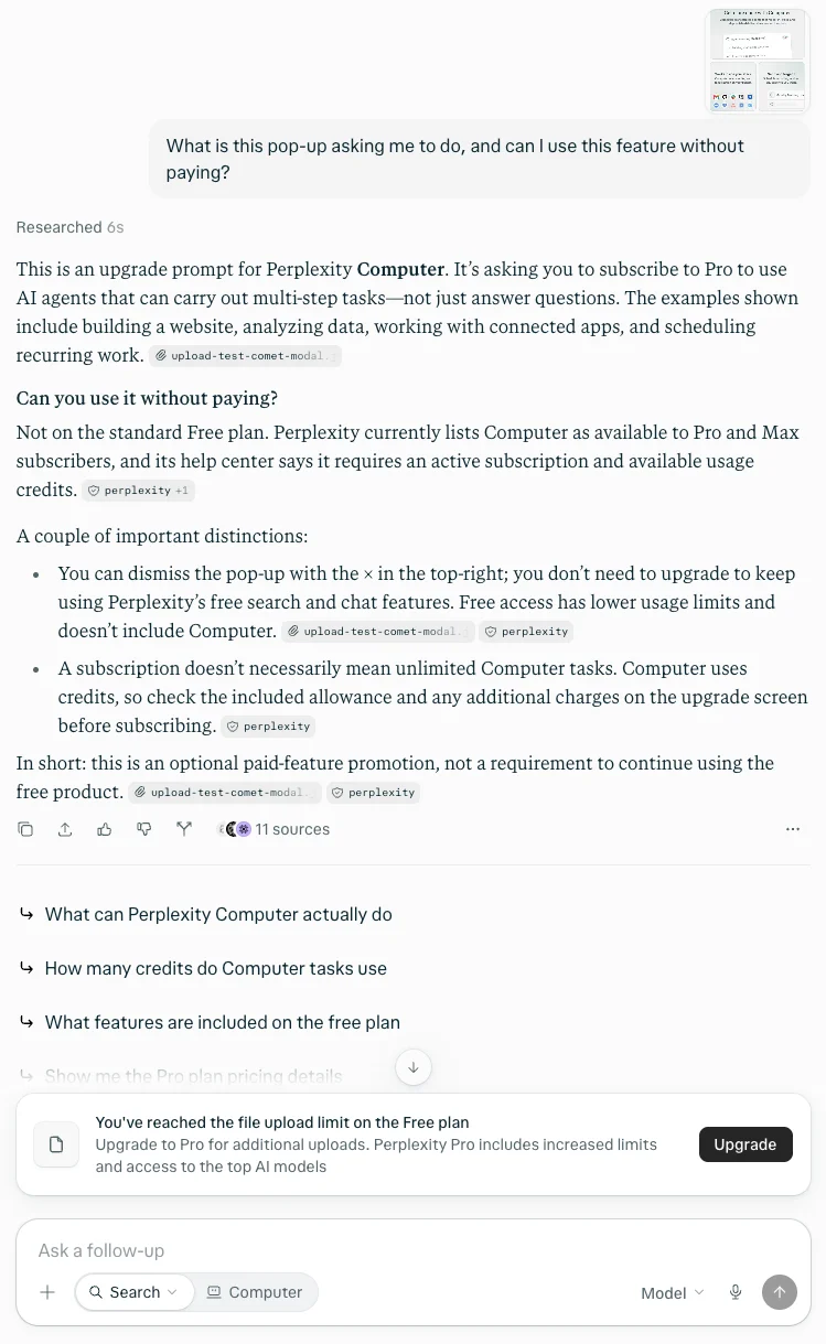 Perplexity identifying a Computer upgrade pop-up from an uploaded screenshot, followed by a banner saying the file upload limit on the Free plan has been reached
