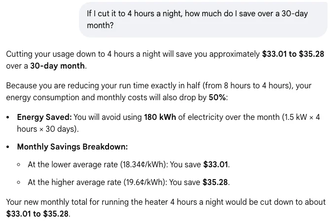 Google AI Mode's follow-up answer: cutting to 4 hours a night saves about $33.01 to $35.28 over 30 days, 180 kWh at 18.34 and 19.6 cents, with no source chips