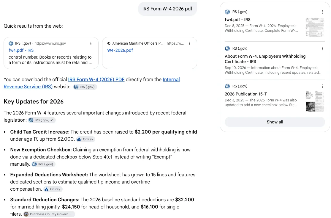 Google AI Mode's answer to the W-4 search: quick results from irs.gov, a link to the IRS form, then Key Updates for 2026 with chips from IRS, OnPay and Dutchess County Government