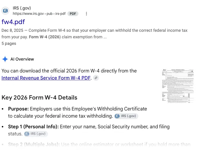 Google results for IRS Form W-4 2026 pdf, with the irs.gov fw4.pdf as the first result and an AI Overview below linking to the IRS form and citing IRS (.gov)