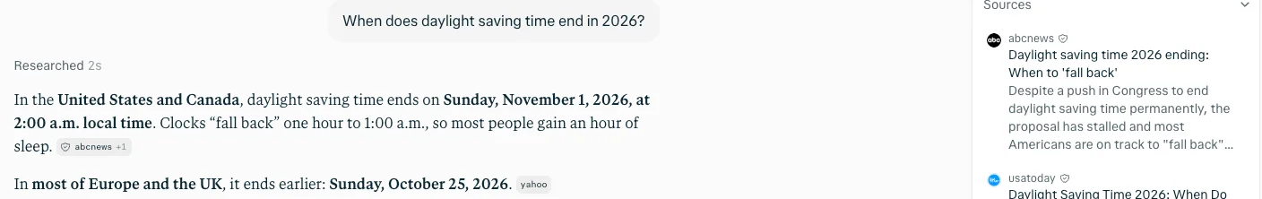 Perplexity's answer that daylight saving time ends on Sunday, November 1, 2026 at 2:00 a.m. in the US and Canada, and on October 25, 2026 in most of Europe and the UK