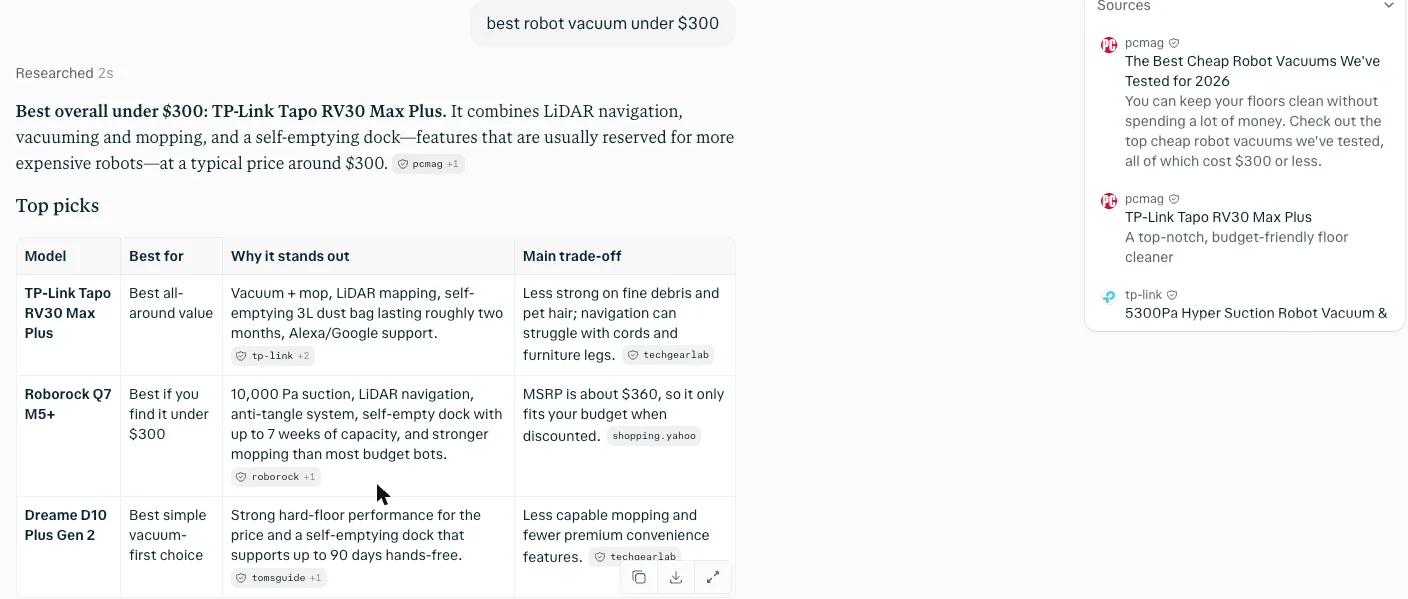 Perplexity's answer to best robot vacuum under $300: TP-Link Tapo RV30 Max Plus as best overall, then a table with the Roborock Q7 M5+ and Dreame D10 Plus Gen 2 and their trade-offs